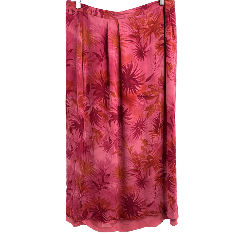 VTG Kasper Skirt Sz 18 100% Silk Chiffon Midi Lined Pink Tropical Pockets Office